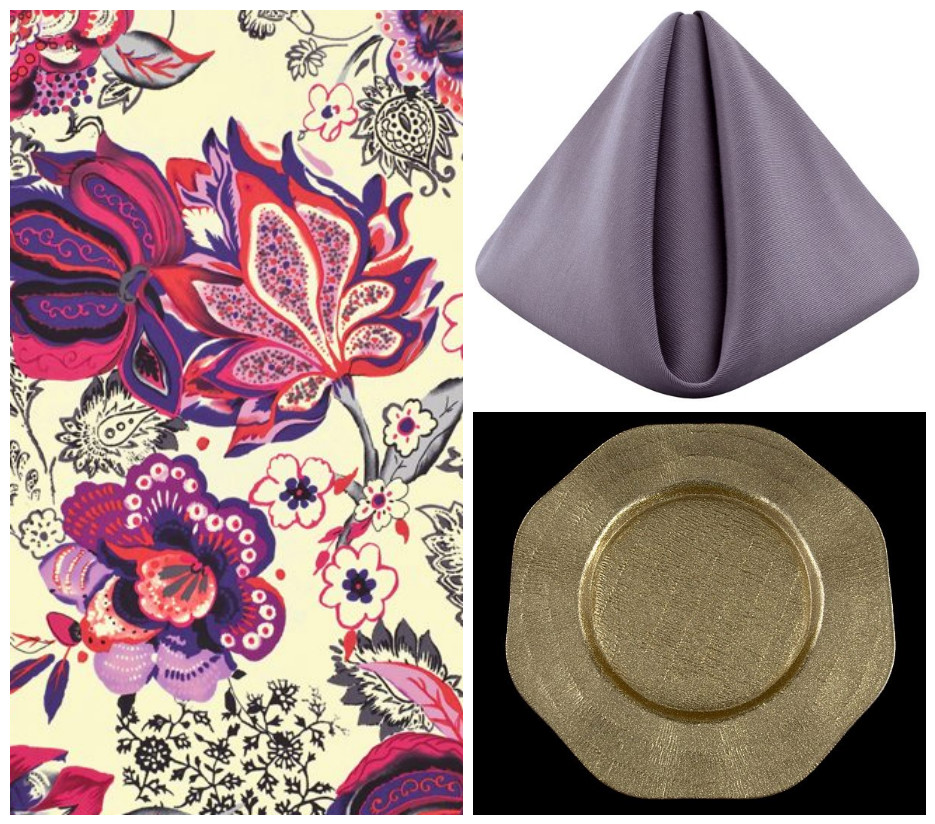 Adele Lamour Table Linen with Purple Smoke Bengaline Napkins and Octagon Gold Charger Plate | BBJ Linen