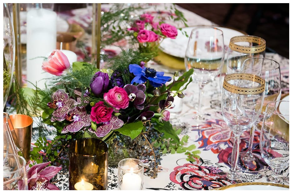 Gold Party Glassware with Bold Purple Print Event Decor | BBJ Linen