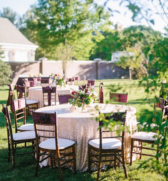 Sequins Table Linen and Berry-Toned Chairs | BBJ Linen