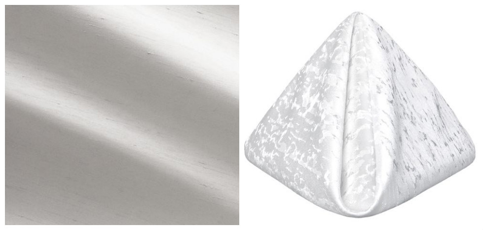 Silver Shantung Table Linen and White Contour Napkins | BBJ Linen
