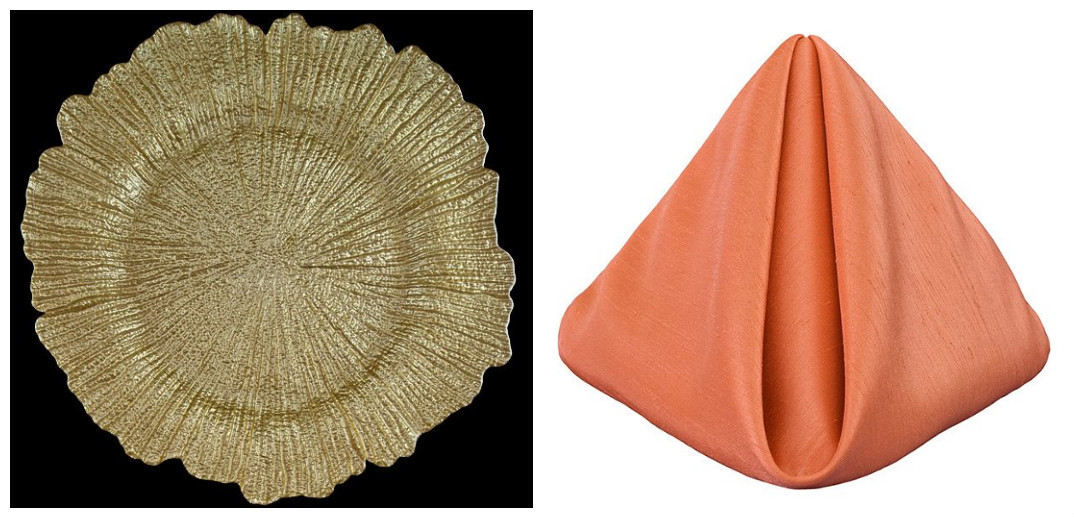 Sea Sponge Gold Charger and Marmalade Shantung Napkins | BBJ Linen