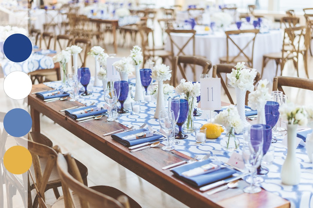 Cerulan, White ,Cornflower, and Yellow Event Decor Color Palette | BBJ Linen