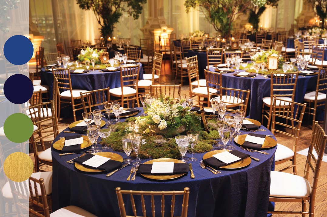 Cerulean, Black, Green, and Gold Table Event Decor Color Palette | BBJ Linen