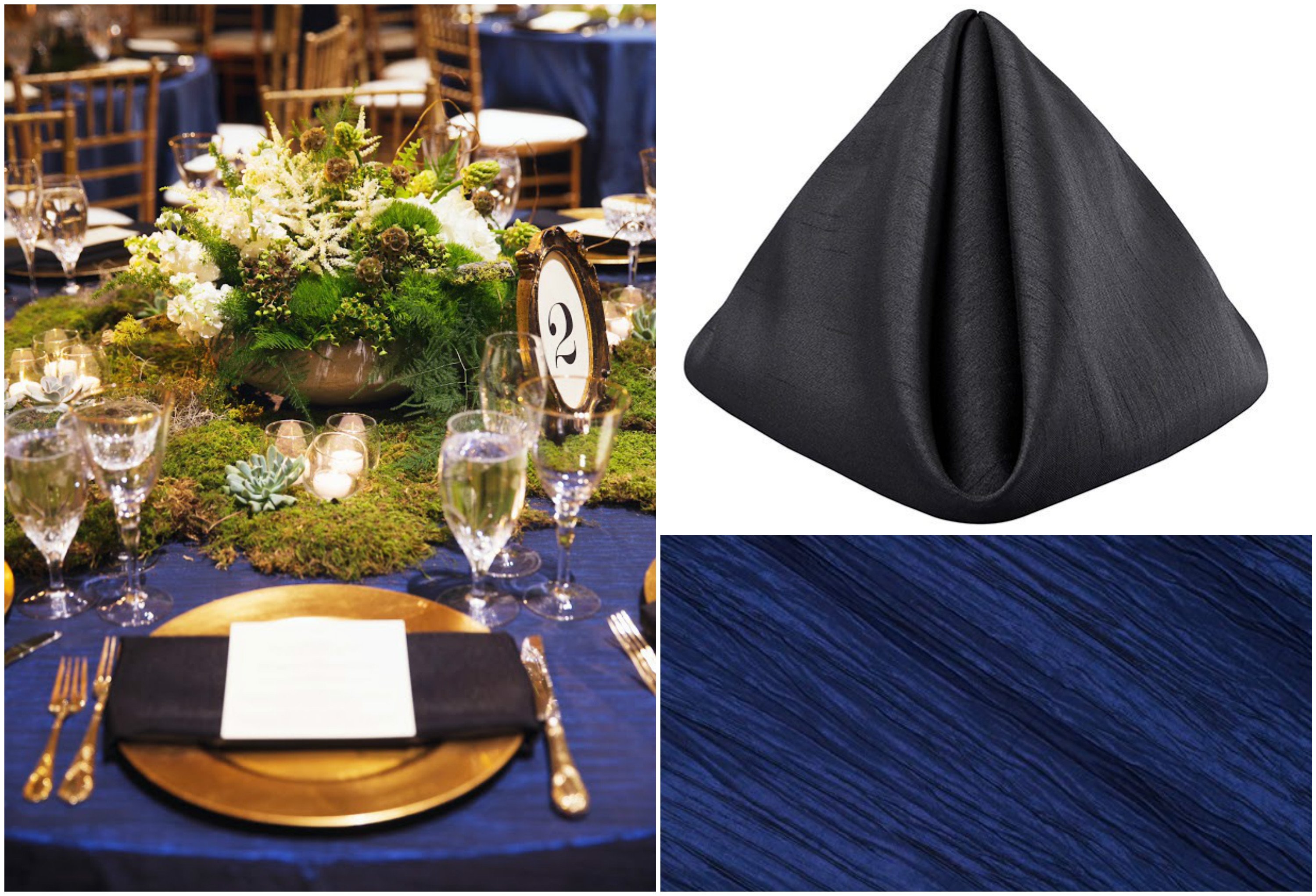 Black Shantung Napkin and Navy Blue Table Event Decor | BBJ Linen