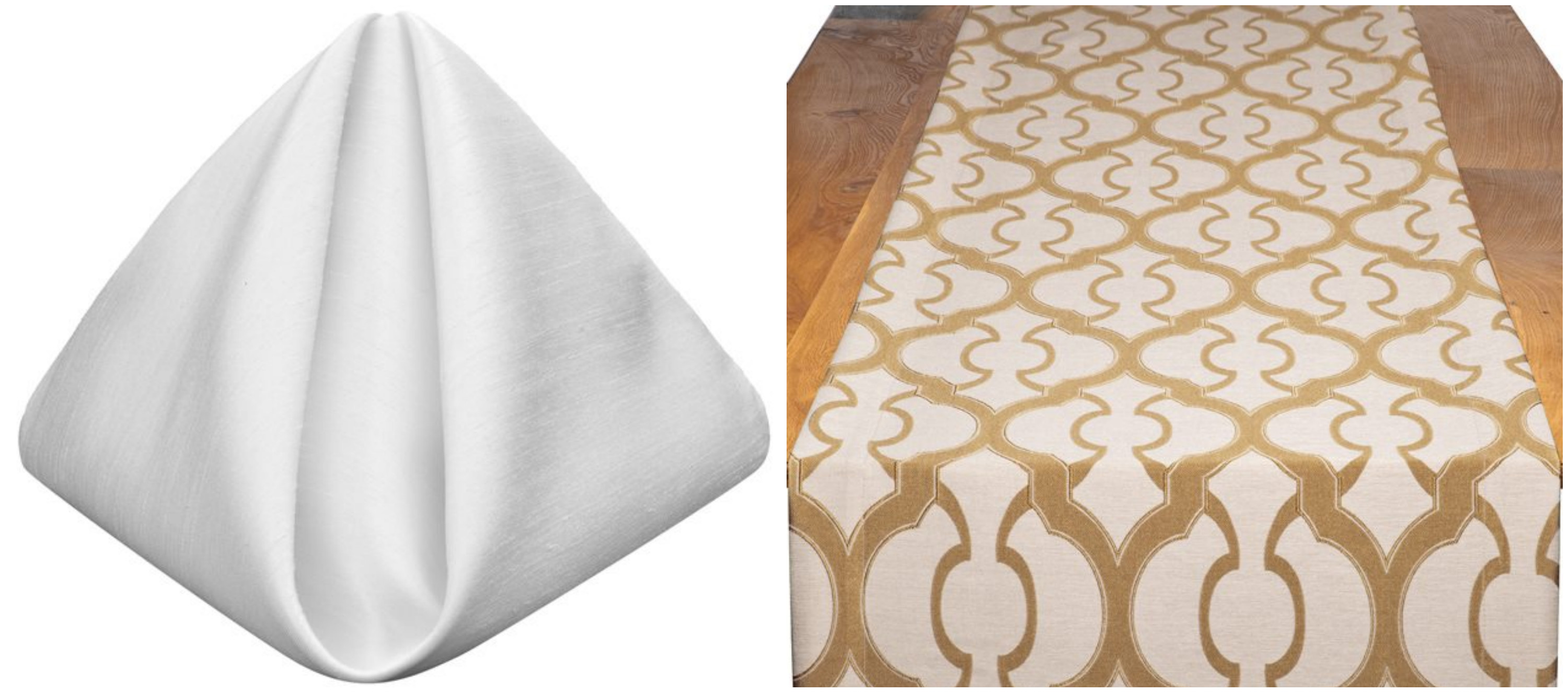 White Shantung Napkins with Gold Miramar Table Runners | BBJ Linen