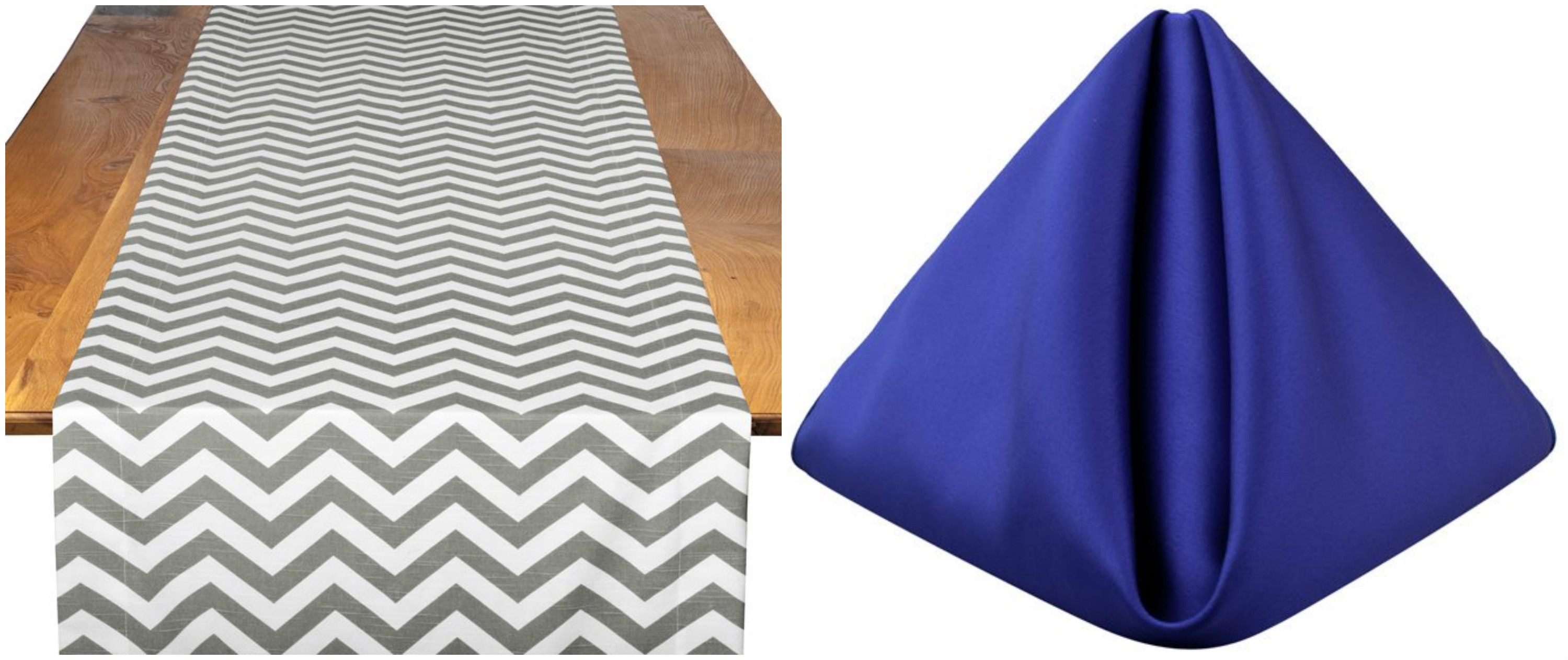 Pewter Chevron Table Runner with Sapphire Lamour Napkins | BBJ Linen