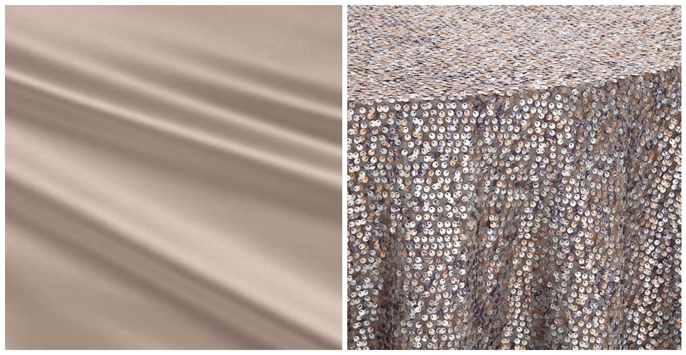 Taupe Lamour Table Linen with Mercury Sequin Overlay | BBJ Linen