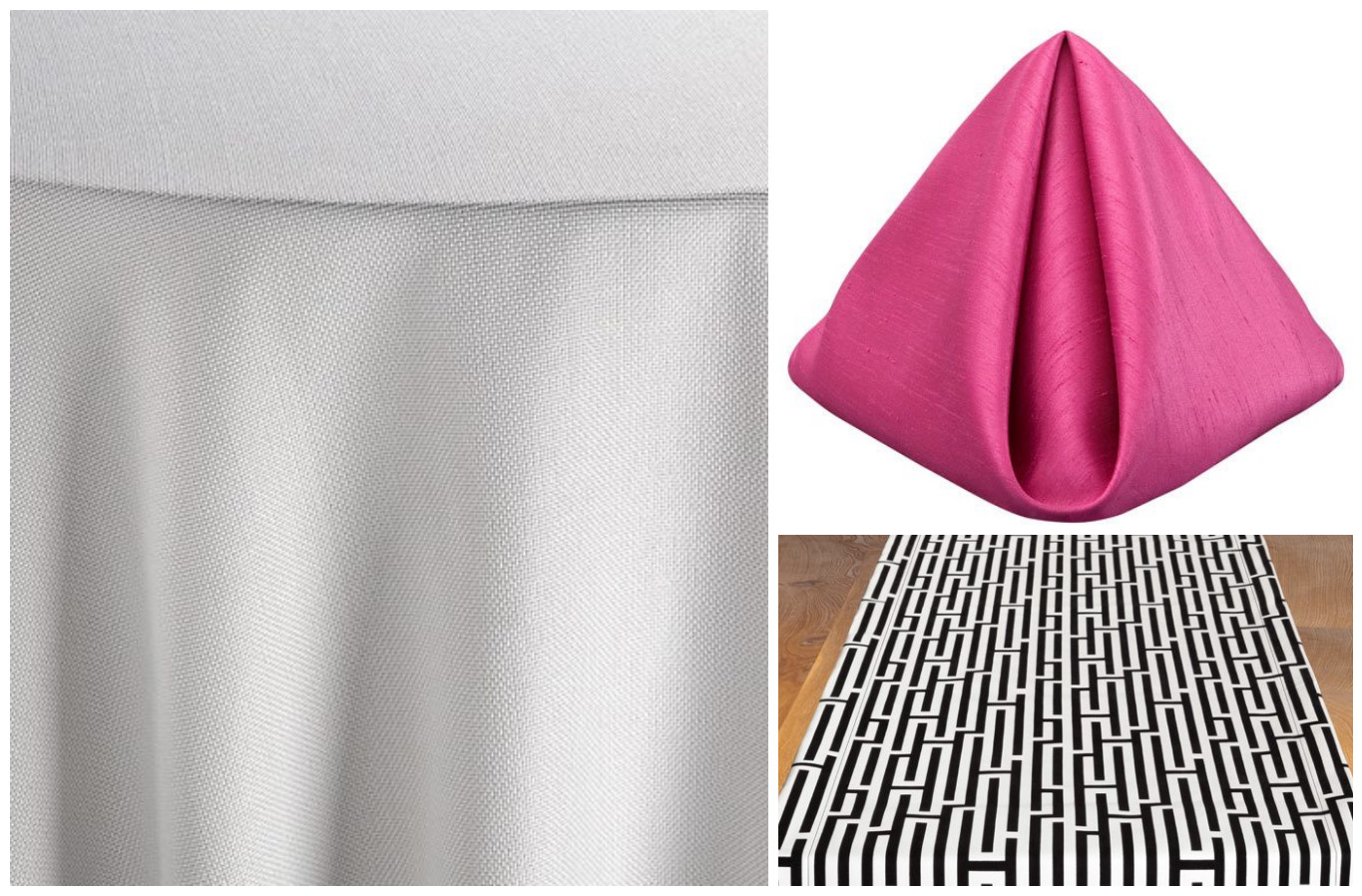 White Jute Table Linen with White Gemini Table Runner and Azalea Shantung Napkins | BBJ Linen