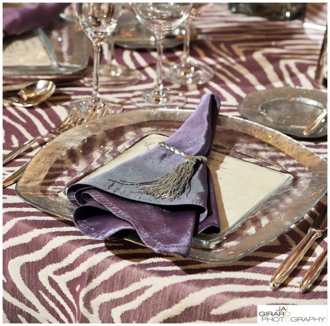 Metallic Plates and Purple Napkin Event Decor | BBJ Linen