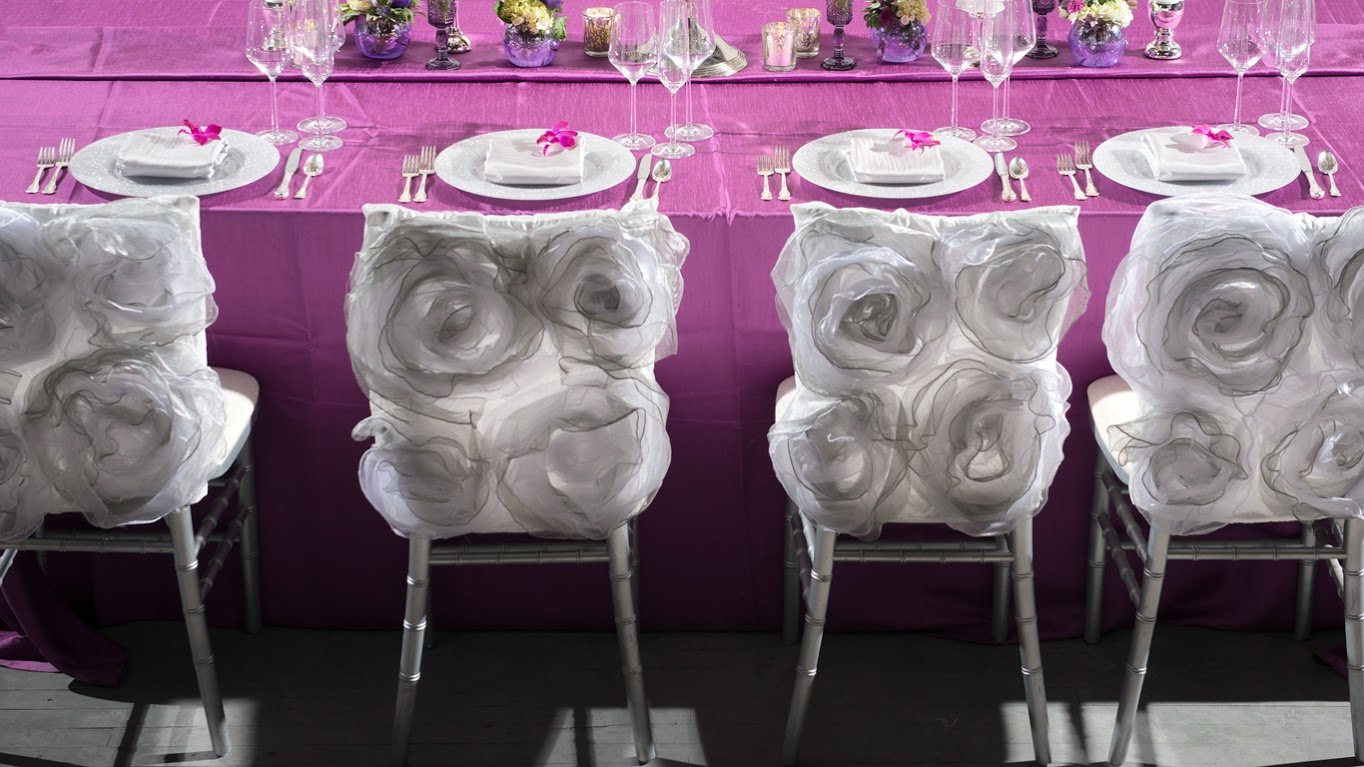Orchid Shantung Table Linen with Silver Rosette Chair Backs Event Decor | BBJ Linen