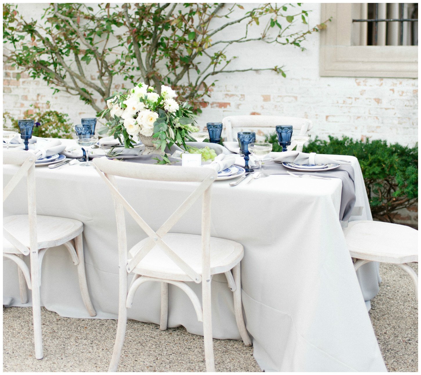 Silver Duet Table Linen with Indigo Glassware Wedding Decor | BBJ Linen
