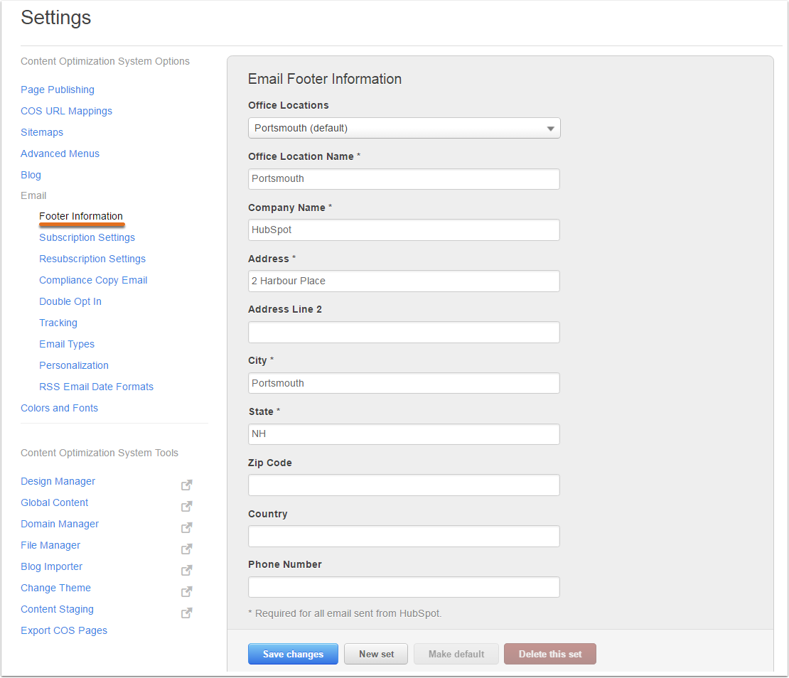 How can I change my company address in my email footer?