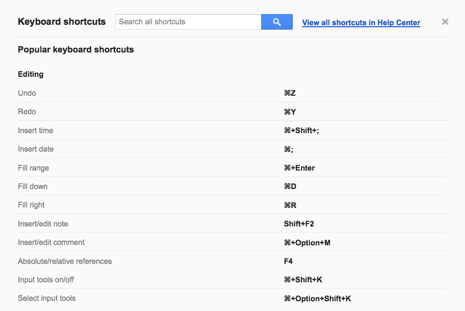 google excel shortcuts