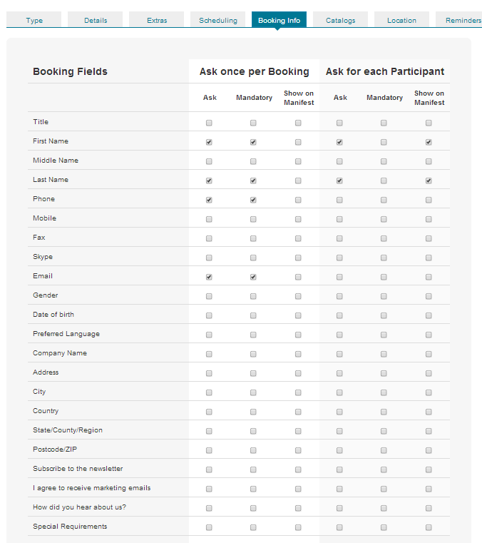 manifest-checklist booking form