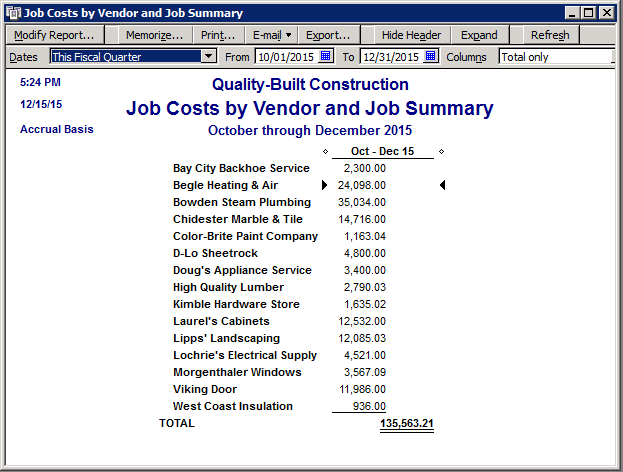 Quickbooks Job Costs By Vendor And Job Summary