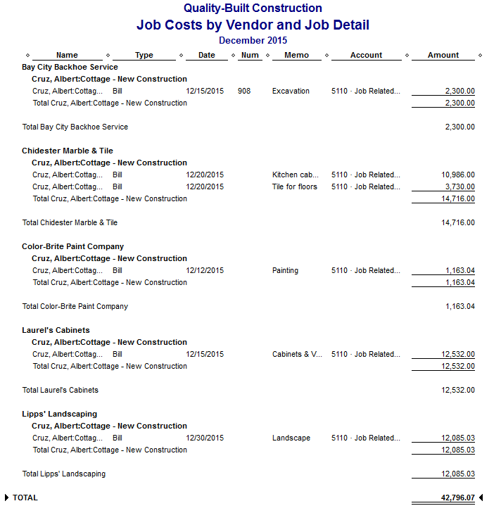 QuickBooks Job Costs by Vendor and Job Detail