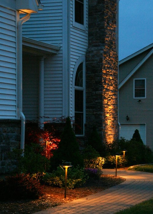 Landscape Lighting on Walkway and Uplighting a Chimney