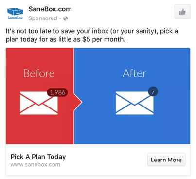 Sanebox b2b facebook ad example