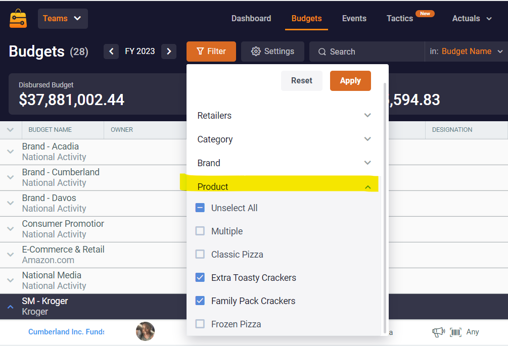 Budget filter by budget Product