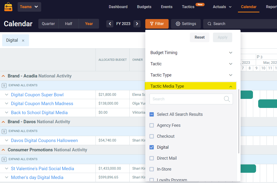 Filter by tactic media type