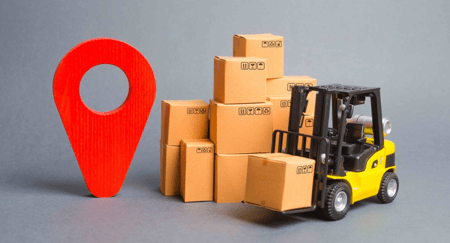 Location pin, boxes, forklift truck