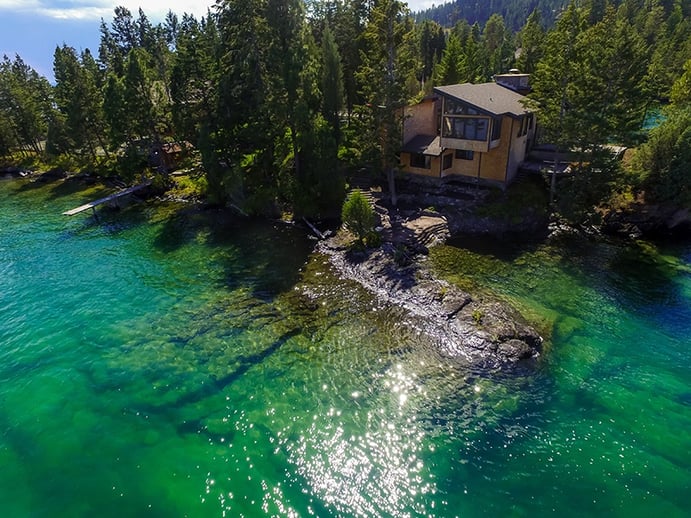Enjoy four secluded acres and 2,500 feet of shoreline at the seven-bed, seven-bath Jewel of Flathead Lake property. Photograph: PureWest Real Estate Enjoy four secluded acres and 2,500 feet of shoreline at the seven-bed, seven-bath Jewel of Flathead Lake property. Photograph: PureWest Real Estate
