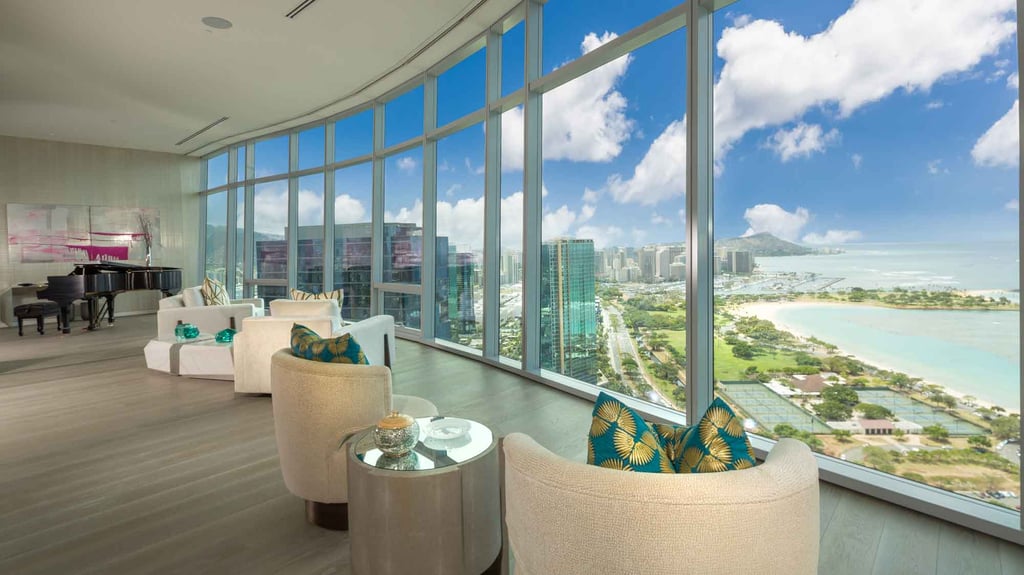 Cinematic vistas of Diamond Head, Waikiki, and Honolulu Harbor area a hallmark of this exclusive Waiea Tower penthouse.