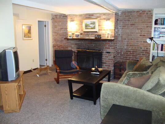 Our living room with exposed brick and a working fireplace!