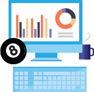 cartoon computer with charts, and a magic 8-ball laying next to it. cartoon computer with charts, and a magic 8-ball laying next to it.