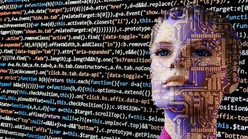 The image depicts a woman with word text of HTML codes around to showcase How AI is set to transform banking payments