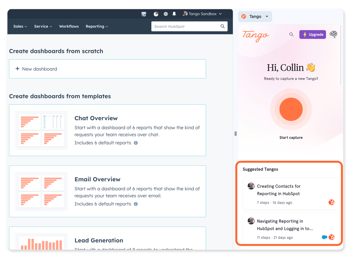 Side panel open featuring Hubspot and suggested Tangos