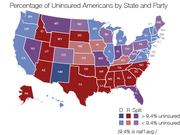 Percentage of Uninsured Americans by State and Party