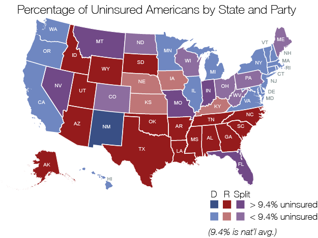 Percentage of Uninsured Americans by State and Party