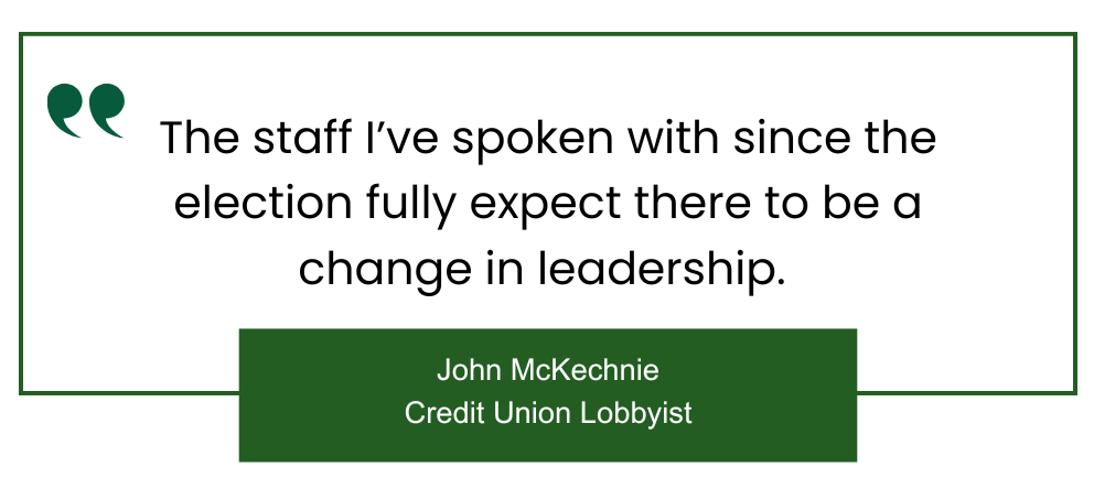 A quote that says: The staff I’ve spoken with since the election fully expect there to be a change in leadership.