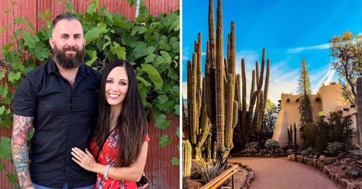 Photo of Kelsey Wood and husband Josh Knapp next to their adobe short-term rental with large cactus in front of it