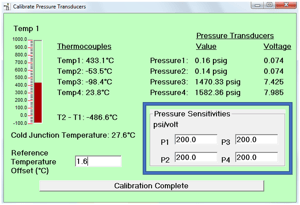 图4:在主界面选择“校准温度和压力”按钮后，VSP2控制软件截图。“压力灵敏度”盒是psi/伏特需要输入的地方。