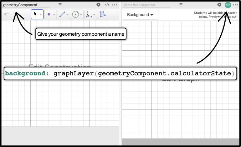 Screenshot of Activity Builder with a geometry component and a sketch component. An arrow points to the geometry component's name field and says