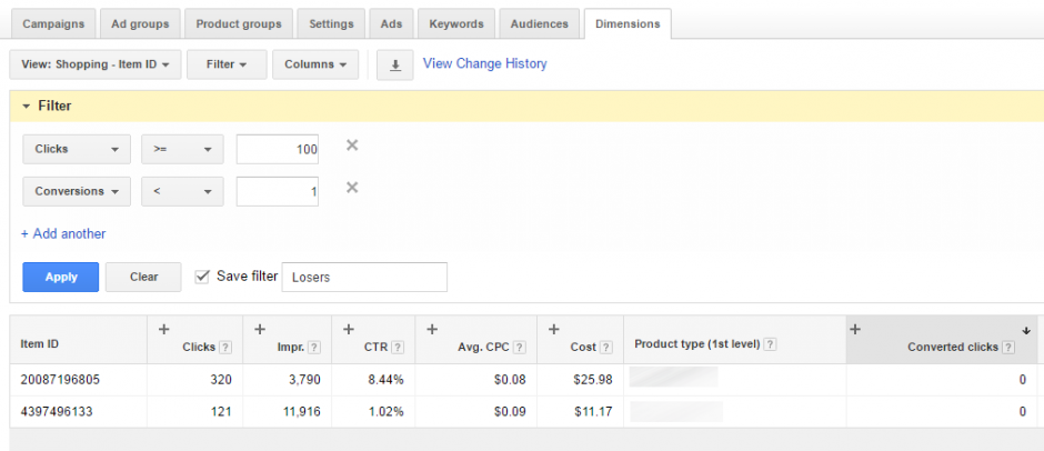 AdWords Dimension Tab Loser Filter Results