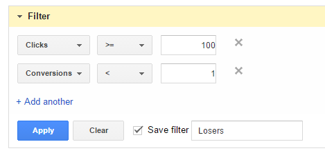 Adwords Dimension Tab Loser Filter