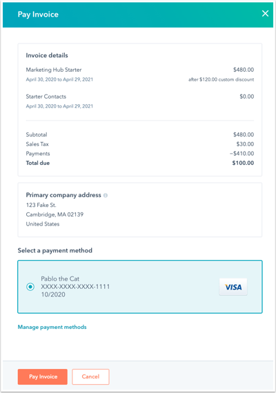 screenshot showing the Pay Invoice panel in HubSpot