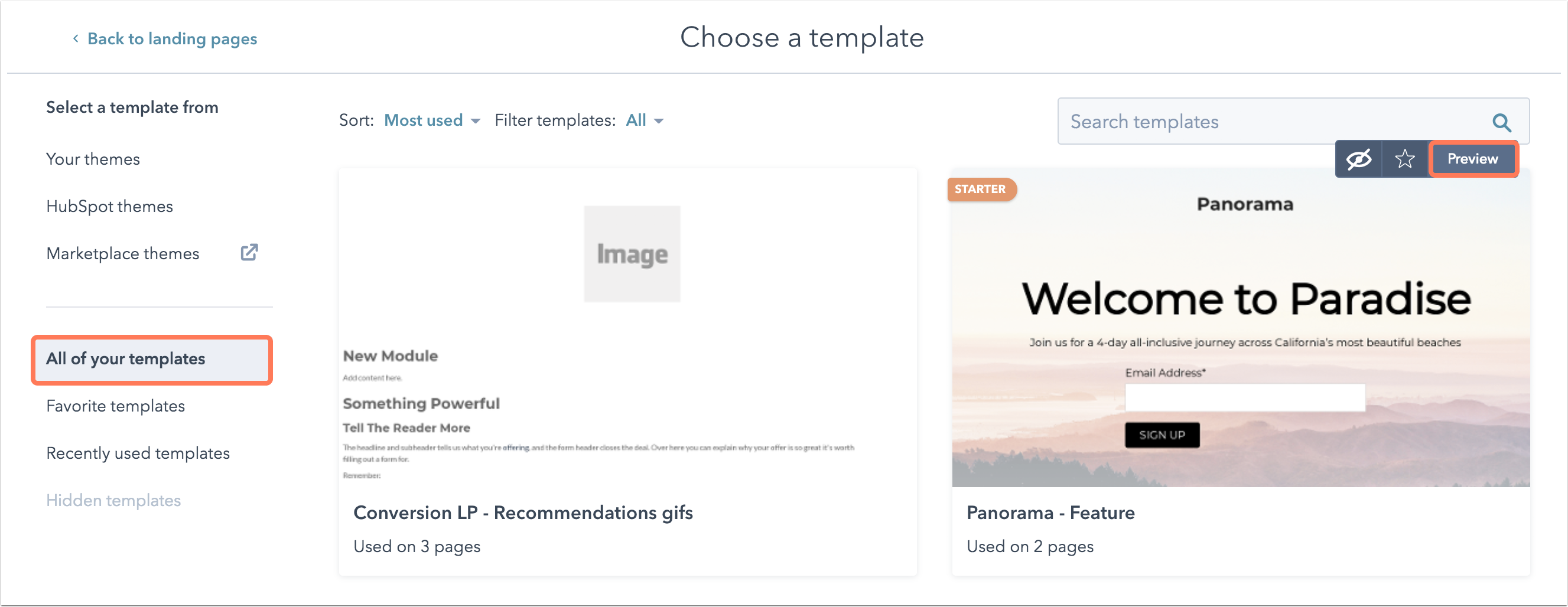 Create a landing page with a starter template