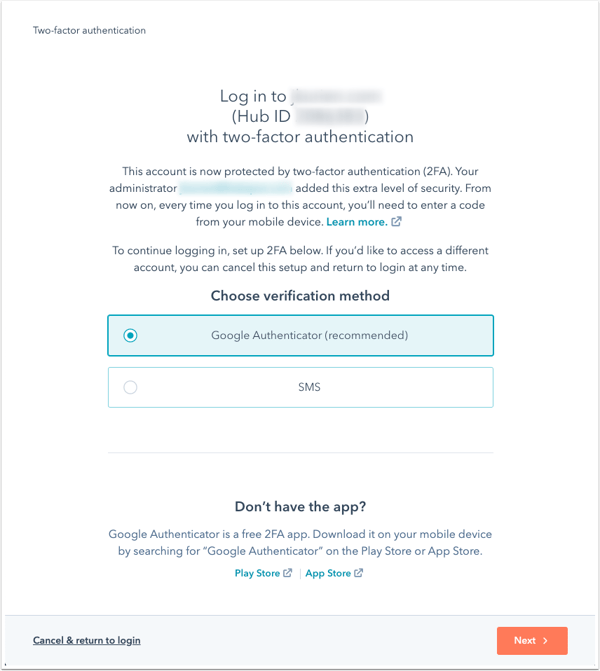 Set up two-factor authentication for your HubSpot login