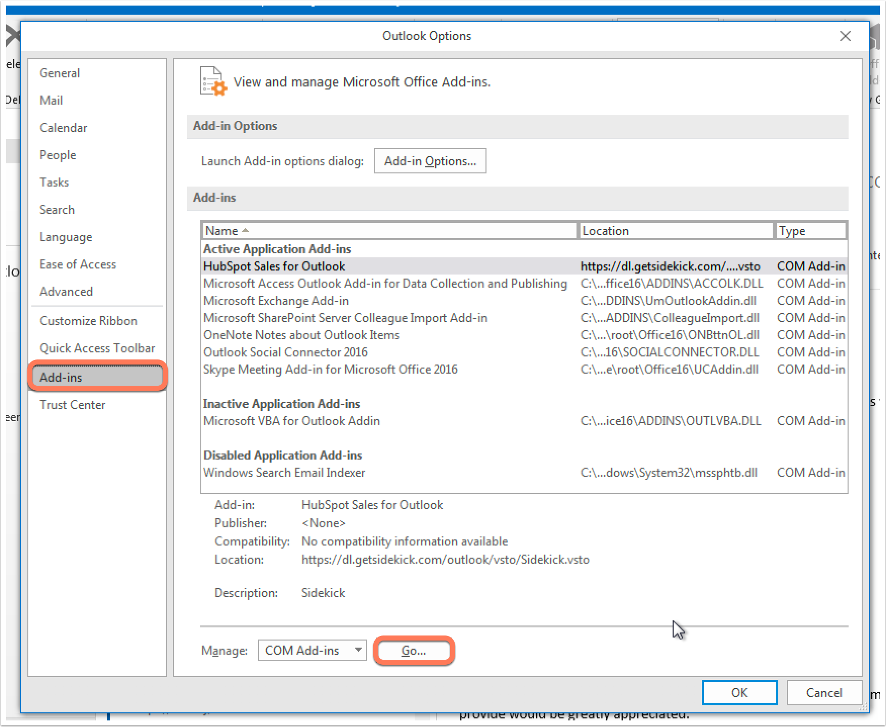 re enable add in outlook 2010