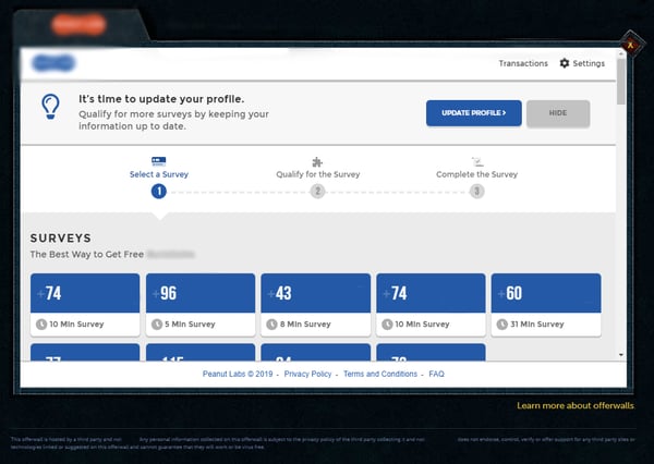 Customer surveys reward platform interface example

