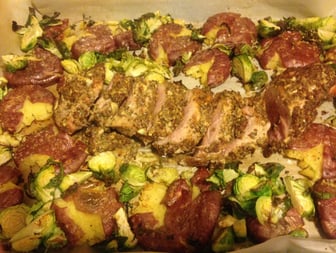 finished pork potatoes and brussels sprouts