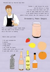 Welcome back my favorite food fans! Summer is right around the corner, and the mercury is rising.  You know what that means, don't ya?  Time for light, sweet and fruity flavors.  In my opinion there's no better way to spend a warm summers day then sipping on a cold strawberry peach sangria. This is, as always, as super simple recipe, that only takes a few minuets of work, as a few hours of soaking. Here's what you'll need: 1 1/2 cups sliced strawberries 3 peaches 1 large orange 1 large lemon 1 cup Triple Sec liqueur 1 bottle sweet white wine or a rosé 2 cups soda water or tonic 