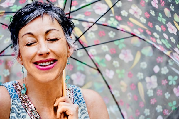 Older Caucasian woman with eyes closed holding umbrella Image number: 1589R-13392969 License type: Royalty Free Credit: Sollina Images / Blend Images