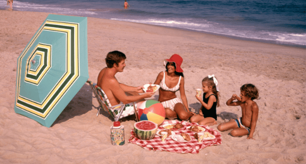 Vintage image of family on a beach enjoying a picnic.