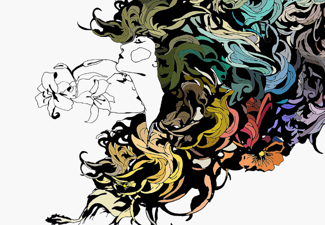 Illustration of woman with colorful hair getting kissed on the neck by another woman