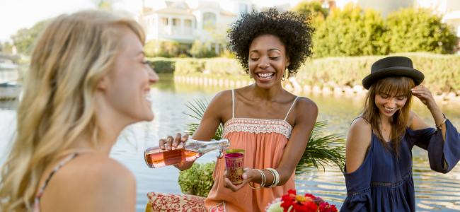 Friends enjoying picnic, drinking rose wine at summer lakeside